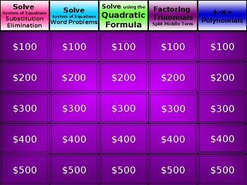 Preview of Jeopardy - Systems of Equations, Quadratic Formula, Factoring Trinomials