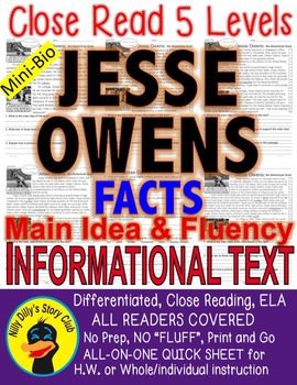 Preview of Jesse Owens CLOSE READING 5 LEVELED PASSAGES Main Idea Fluency Check TDQs!
