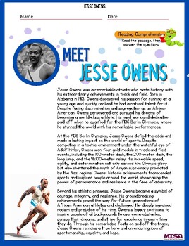 Preview of Jesse Owens, Olympian, Reading Comprehension and Activities