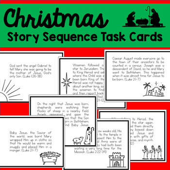 Preview of Jesus Christmas Story Sequence Task Cards - Christian