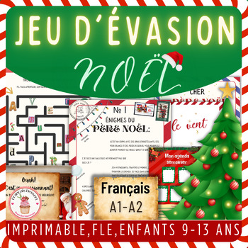 Preview of Jeu d'évasion imprimable Noël Français A1-A2, Escape Room Christmas French kids