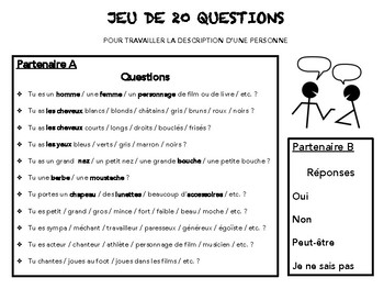 Preview of Jeu de 20 questions, adjectives, descriptions, French speaking game