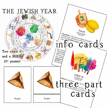 Preview of Jewish Holidays Bundle, Jewish Holidays Calendar and Montessori Three-Part Cards