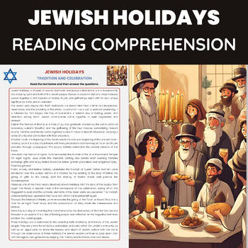 Preview of Jewish Holidays Reading Comprehension Rosh Hashanah Yom Kippur Hanukkah Passover