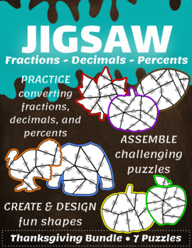 Preview of Jigsaw Fractions, Percents, Decimals Puzzles - Thanksgiving Bundle (7 puzzles)