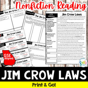 Preview of Jim Crow Laws Close Reading & Writing Activity SS5H6 SS5H6a GSE Social Studies