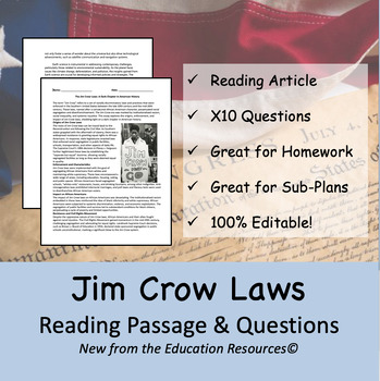 Preview of Jim Crow Laws - Reading Passage Worksheet & Ten Questions (Editable)