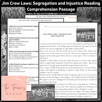 Preview of Jim Crow Laws: Segregation and Injustice Reading Comprehension Passage
