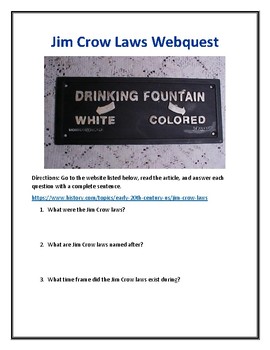 Preview of Jim Crow Laws Webquest (With Answer Key!)