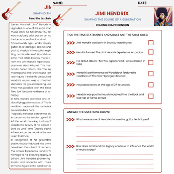 Jimi Hendrix Biography Reading Comprehension Worksheet History of Rock