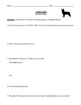 Preview of "Lob's Girl": Worksheet, Test, or Homework Assignment with Detailed Answer Key