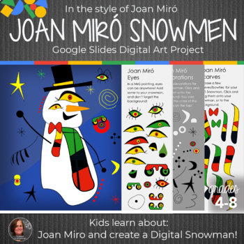 Preview of Joan Miró Snowmen Art Lesson - Interactive Google Slides - Winter Art Lesson
