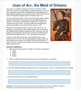 Joan of Arc Reading, Worksheet, and Obituary Assignment by Students of