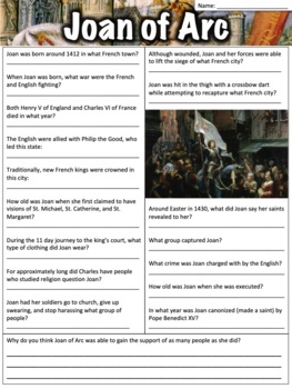 Preview of Joan of Arc Worksheet