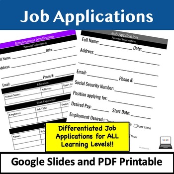 Preview of Job Applications Differentiated for Google Slides and PDF Worksheets