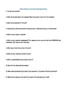 Job Interview Questions Worksheet and Notes by Britta ...