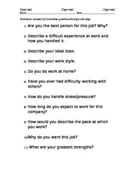 Preview of Job Interview Skills - Questions and Worksheet