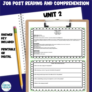 Preview of Vocational Skills Job Post Reading & Comprehension Printable Worksheets Unit 2