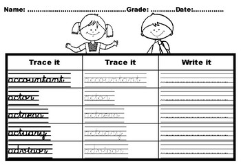 jobs and occupations list vocabulary cursive handwriting practice worksheets