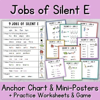 Preview of Jobs of Silent E - Anchor Chart, Mini-Posters, Practice Worksheets + Game (SOR)
