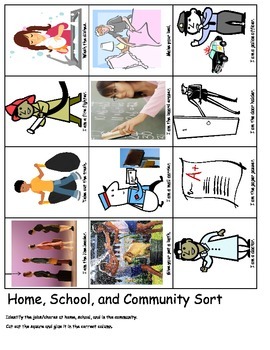 Preview of Jobs school home community Economics Labor Day ESL cut and glue pictures sort