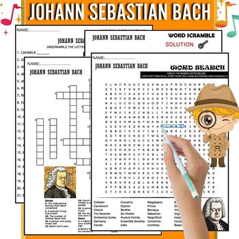 Preview of Johann Sebastian Bach Biography Composer Study, PUZZLE,Wordsearch & Crossword