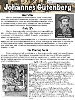 Preview of Johannes Gutenberg - Printing Press Worksheet PDF, Google Slides & Google Form