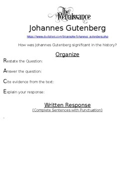 Preview of Johannes Gutenberg R.A.C.E Online Writing Assignment  W/Article