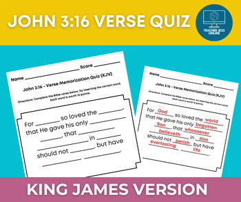Preview of John 3:16 Bible Verse Memorization Quiz -Word Bank and Answer Key Included