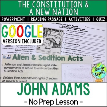 Preview of Presidency of John Adams Lesson - Alien & Sedition Acts - Reading Activity- Quiz