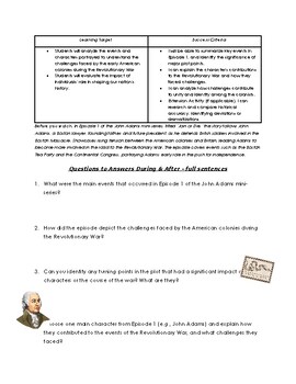 Preview of John Adams mini-series Guide with Learning Targets & Reflection (1-Join or Die)