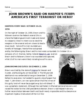 Preview of John Brown Raid on Harper's Ferry Primary Source Analysis