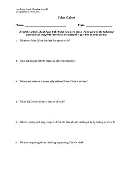 Preview of John Cabot Article (Read Level 2) Comprehension Worksheet