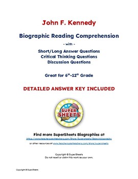 Preview of John F. Kennedy Biography: Reading Comprehension & Questions w/ Answer Key