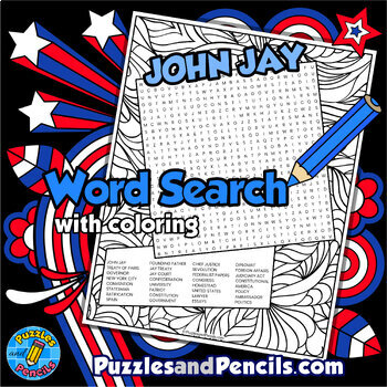 Preview of John Jay Word Search Puzzle with Coloring Activity | Founding Fathers Wordsearch