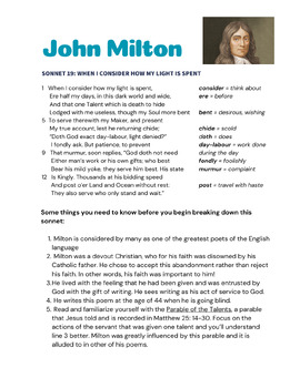 Preview of Sonnet 19, When I Consider...(On His Blindness), John Milton Analysis activity