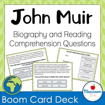 Preview of John Muir Nonfiction Reading Comprehension Middle School Boom Cards