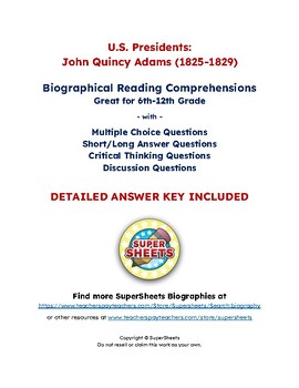 Preview of John Quincy Adams Biography: Reading Comprehension & Questions w/ Answer Key