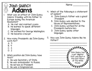 Presidency Chart John Quincy Adams Answers