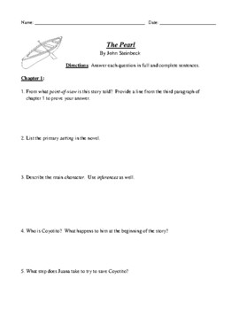 Preview of John Steinbeck's The Pearl: Review Worksheets or Assessments with Answer Key