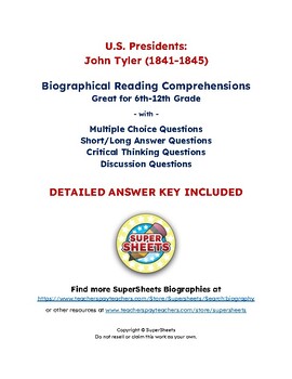 Preview of John Tyler Biography: Reading Comprehension & Questions w/ Answer Key
