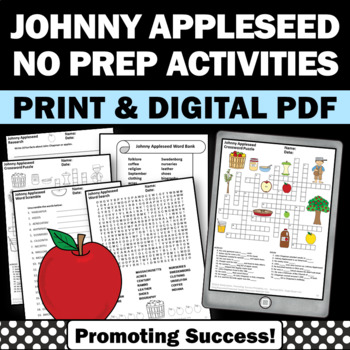 Preview of Johnny Appleseed Vocabulary Activities Crossword Puzzle Word Search Worksheets