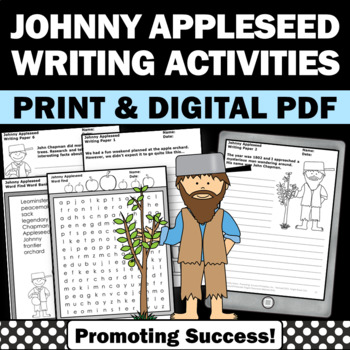 Preview of Johnny Appleseed Activities Vocabulary Word Search Writing Prompts Papers