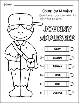 Johnny Appleseed Activity for 1st 2nd grade - Fall Color by Number