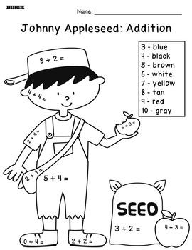 Johnny Appleseed: Color by Code Addition and Subtraction {4 Different ...