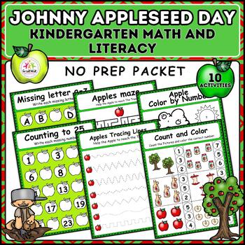 Preview of Johnny Appleseed Apple Math and Literacy Packet NO PREP (Kindergarten) Worksheet