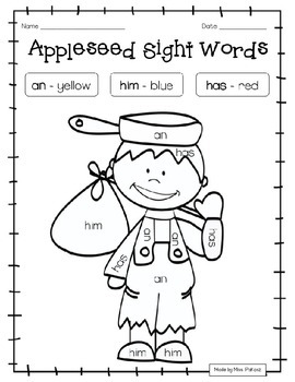 editable johnny appleseed grade 1 color by sight word no