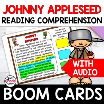 Preview of Johnny Appleseed Finding Citing Text Evidence Reading Boom Cards Task Card Audio