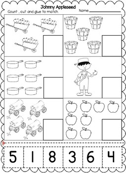 Johnny Appleseed Themed Numbers Cut and Paste Worksheets (1-20):