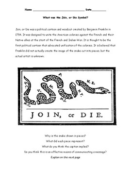 Preview of Join, or Die symbol created by Ben Franklin-questions